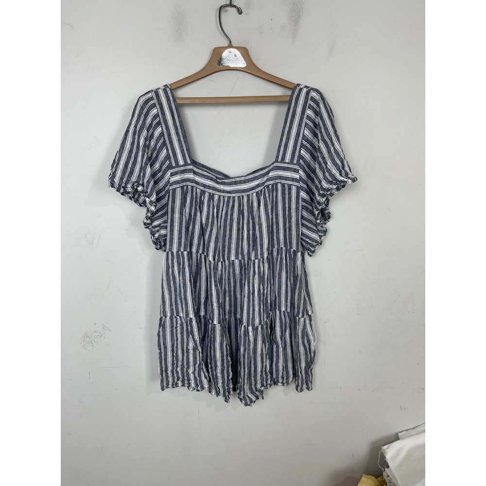 Terra & Sky Striped Babydoll Top Blue White Linen Blend Flutter Sleeve 1X